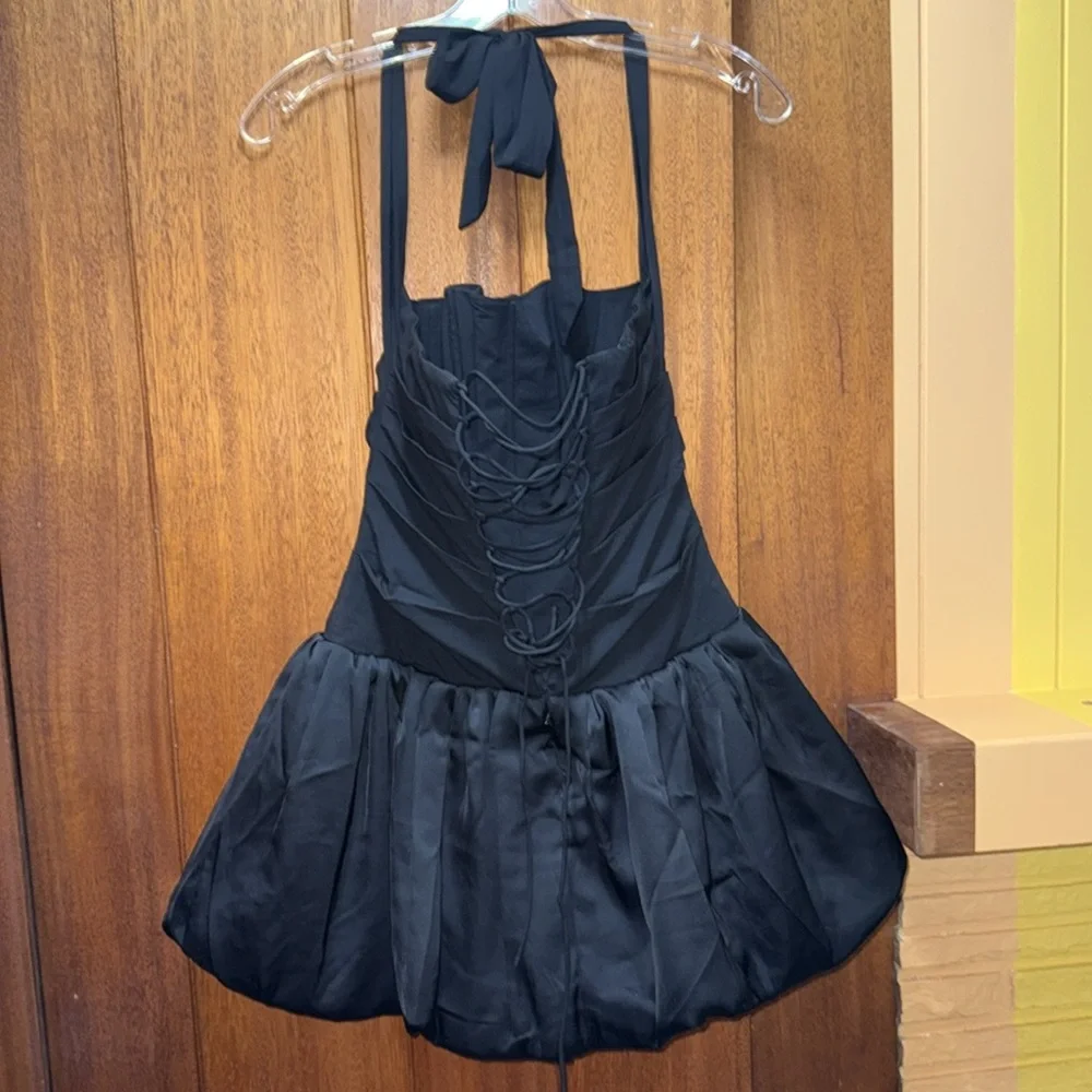 Oh Polly Ludmila Halterneck Lace-Up Bubble Hem Corset Micro Mini Dress in Black - Picture 8 of 12